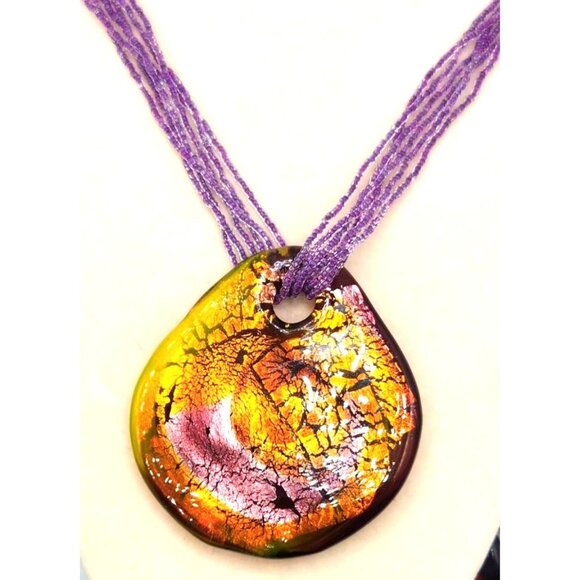 Large Round Purple, Green Dichroic Glass Pendant on Multi Strand Seed Amythest B - Picture 1 of 5